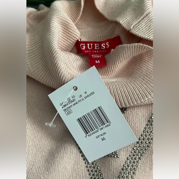 NEW GUESS Ebony Turtle Neck Sweater Tank Sparkle Logo Sleeveless Soft Pink Sz M - Picture 4 of 5